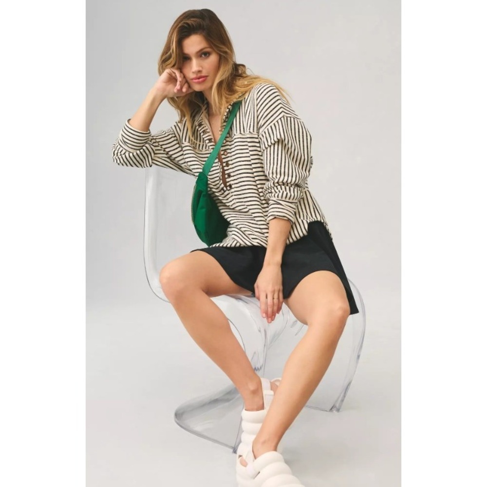 Anthropologie Pilcro Striped Spliced Henley Pullover Top Cream XS Relaxed Boho